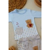 3-6 9-12 12-18 Ay Romantik Ayıcık Nakışlı Şapkalı Uzun Kollu Sweatli 3lü Kız-erkek Bebek Takımı Mavi