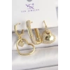 Pirinç Gold Renk Zirkon Taşlı Sallantı Kalp Model 3Lü Kadın Kombin Küpe