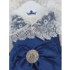 Yenidoğan Saray Kadife Taç Nakışlı İnci Fiyonklu Dantel Duvak Trilüks Kundak Bebek Battaniye Lacivert