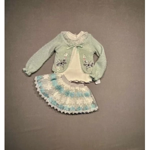 1-2-3 Yaş Brode Etekli Örme Hırkalı Uzun Kollu Sweat 3lü Kız Çocuk Takımı Su Yeşili