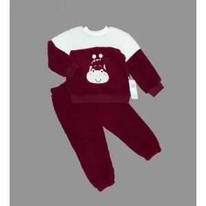 1-2-3 Yaş Ponponlu Zürafa Desenli Kuzu Kumaş Uzun Kollu 2li Kız Erkek Çocuk Takımı Bordo