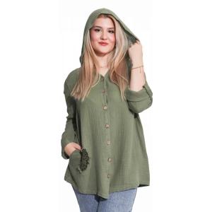 125006 Müslin Kumaş Kapşonlu Kadın Gömlek Haki
