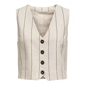 15344755 Kolsuz Keten Kadın Yelek Çizgili Bej