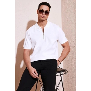 2570 Fermuarlı Polo Yaka Merselize Kumaş Kolu Ve Beli Lastikli Erkek TShirt Beyaz