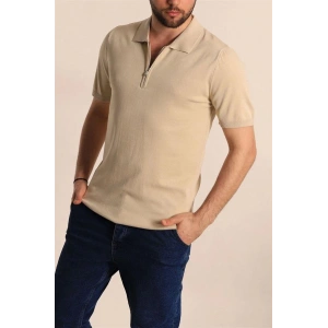 2570 Fermuarlı Polo Yaka Merselize Kumaş Kolu Ve Beli Lastikli Erkek TShirt Taş