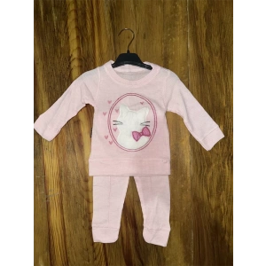 3-12 Aylık Kedi Desen İşlemeli Takım Pembe