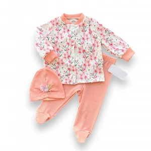 3-6-9-12 Ay Çiçek Baskılı Şapkalı Çıtçıt Kapamalı Patikli 3lü Kız Bebek Takımı Somon