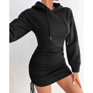 3 iplik şardonlu kompact kapşonlu elbise siyah