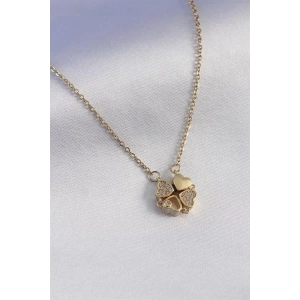 316L Çelik Gold Renk Açılır Yonca Model Zirkon Taşlı Kadın Kolye
