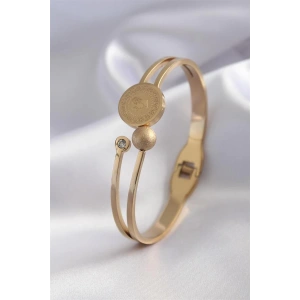 316L Çelik Gold Renk Çeyrek Altın Zirkon Taş Detay Kadın Kelepçe