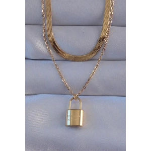 316L Çelik Gold Renk Çift Zincir Kilit Model Kolye