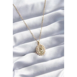 316L Çelik Gold Renk Gül Model İnci Detay Kadın Kolye