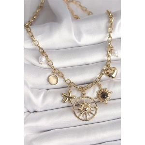 316L Çelik Gold Renk Güneş Model Siyah Mineli Güneş Detay Kadın Kolye