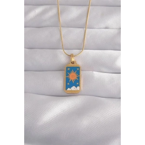 316L Çelik Gold Renk Mavi Mineli Güneş Model Tarot Kolye
