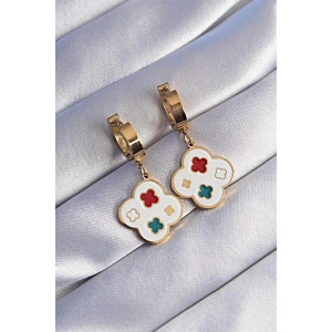 316L Çelik Gold Renk Renkli Mineli Yonca Küpe