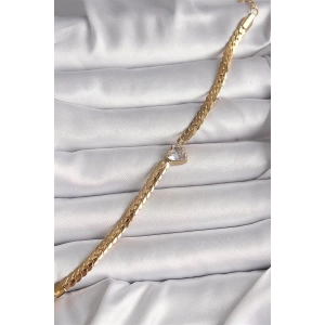 316L Çelik Gold Renk Yassı Zincir Model Zirkon Taşlı Kalp Figür Kadın Bileklik