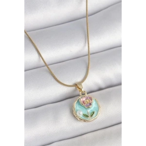 316L Çelik Gold Renk Zincir Mavi Minimal Çiçek İşlemeli İnci Detay Portre Model Kadın Kolye