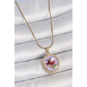 316L Çelik Gold Renk Zincir Mor Mineli İncili Çiçek İşlemeli Portre Model Kadın Kolye