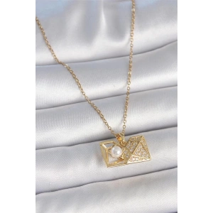 316L Çelik Gold Renk Zincir Zirkon Taşlı Açılır İncili Elmas Model Kadın Kolye