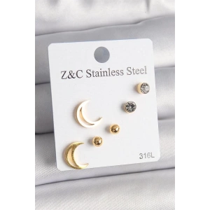 316L Çelik Gold Renk Zirkon Taşlı Hilal Model Kadın Küpe Seti