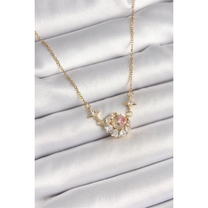 316L Çelik Gold Renk Zirkon Taşlı Hilal Pembe Kalp Model Kadın Kolye