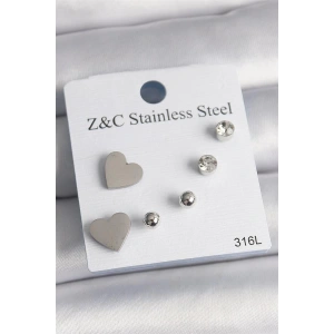 316L Çelik Gold Renk Zirkon Taşlı Kalpli Kadın Küpe Seti