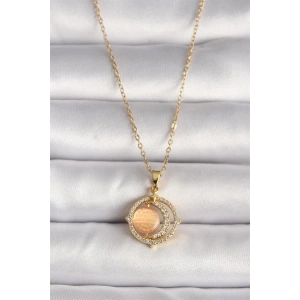 316L Çelik Gold Renk Zirkon Taşlı Turuncu Sedefli Hilal Model Kadın Kolye