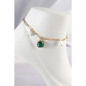 316L Çelik Gold Renk Zümrüt Taş Tasarımlı Halhal