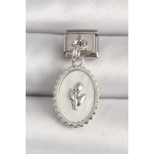 316L Çelik Gümüş Renk Beyaz Mineli Çiçek İşlemeli Nomination Charm