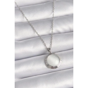 316L Çelik Gümüş Renk Beyaz Sedefli Daire Model Kadın Kolye