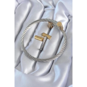 316L Çelik Gümüş Renk Gold Detay Sarmal Model Erkek Bileklik Yüzük Kombini