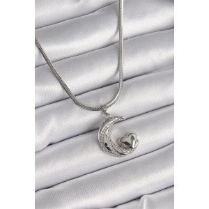 316L Çelik Gümüş Renk İtalyan Zincir Zirkon Taşlı Halil Figür Kalp Detay Kadın Kolye