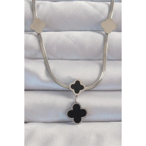 316L Çelik Gümüş Renk İtalyan Zincirli Mineli Yonca Kolye