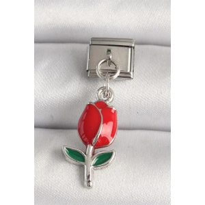 316L Çelik Gümüş Renk Kırmızı Gül Model Nomination Charm