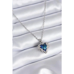 316L Çelik Gümüş Renk Mavi Kristal Kalp Model Zirkon Taşlı Kadın Kolye