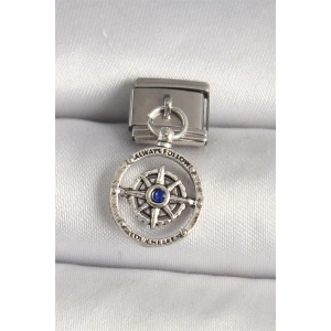 316L Çelik Gümüş Renk Mavi Taş Detaylı Pusula Model Nomination Charm