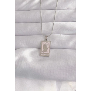 316L Çelik Gümüş Renk Pembe Mineli El Figür Tarot Kolye