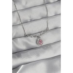 316L Çelik Gümüş Renk Pembe Zirkon Taşlı Damla Kolye