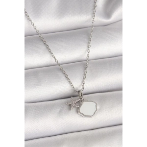 316L Çelik Gümüş Renk Zincir Sallantı Beyaz Mineli Deniz Kabuğu Zirkon Taşlı Deniz Yıldızı Figür Kadın Kolye