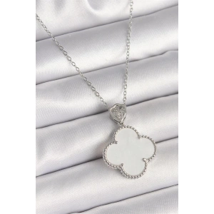 316L Çelik Gümüş Renk Zincir Zirkon Taş Detaylı Beyaz Yonca Model Kadın Kolye