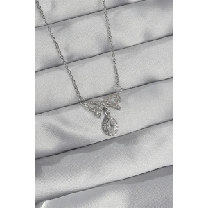 316L Çelik Gümüş Renk Zirkon Taşlı Fiyonk Detay Damla Kolye