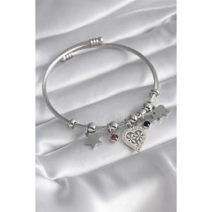 316L Çelik Gümüş Renk Zirkon Taşlı Kalp Figür Fil Detay Charm Model Kadın Bileklik