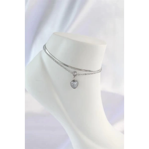 316L Çelik Gümüş Renk Zirkon Taşlı Kalp Tasarımlı 2li Halhal