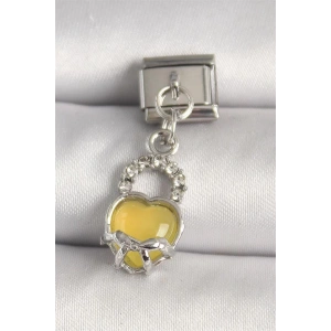 316L Çelik Gümüş Renk Zirkon Taşlı Sarı Kilit Kalp Model Nomination Charm