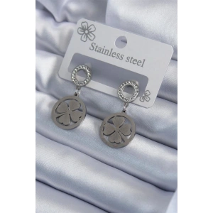 316L Çelik Gümüş Renk Zirkon Taşlı Yonca Model İşleme Detay Kadın Küpe