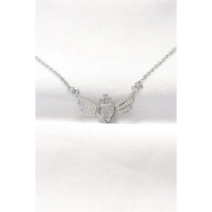 316L Çelik Silver Renk Zirkon Taşlı Kalpli Kanat Kolye