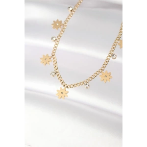 316L Çelik Taşlı Gold Renk Çoklu Çiçek Kolye