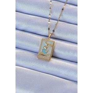 316L Çelik Zincir Altın Renk Mavi Mineli Tarot Kolye