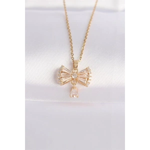 316L Çelik Zincir Altın Renk Zirkon Taşlı Kalp Detay Fiyonk Kolye