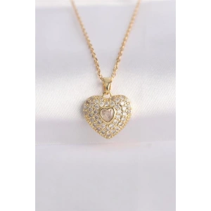 316L Çelik Zincir Altın Renk Zirkon Taşlı Kalp Kolye